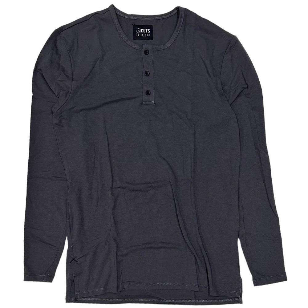 Cuts Clothing Men's Split Hem Henley Long Sleeve Tee T-Shirt - Slate